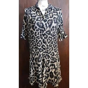Lightweight Animal Print Dress Ruffle size large black brown beige shirtdress